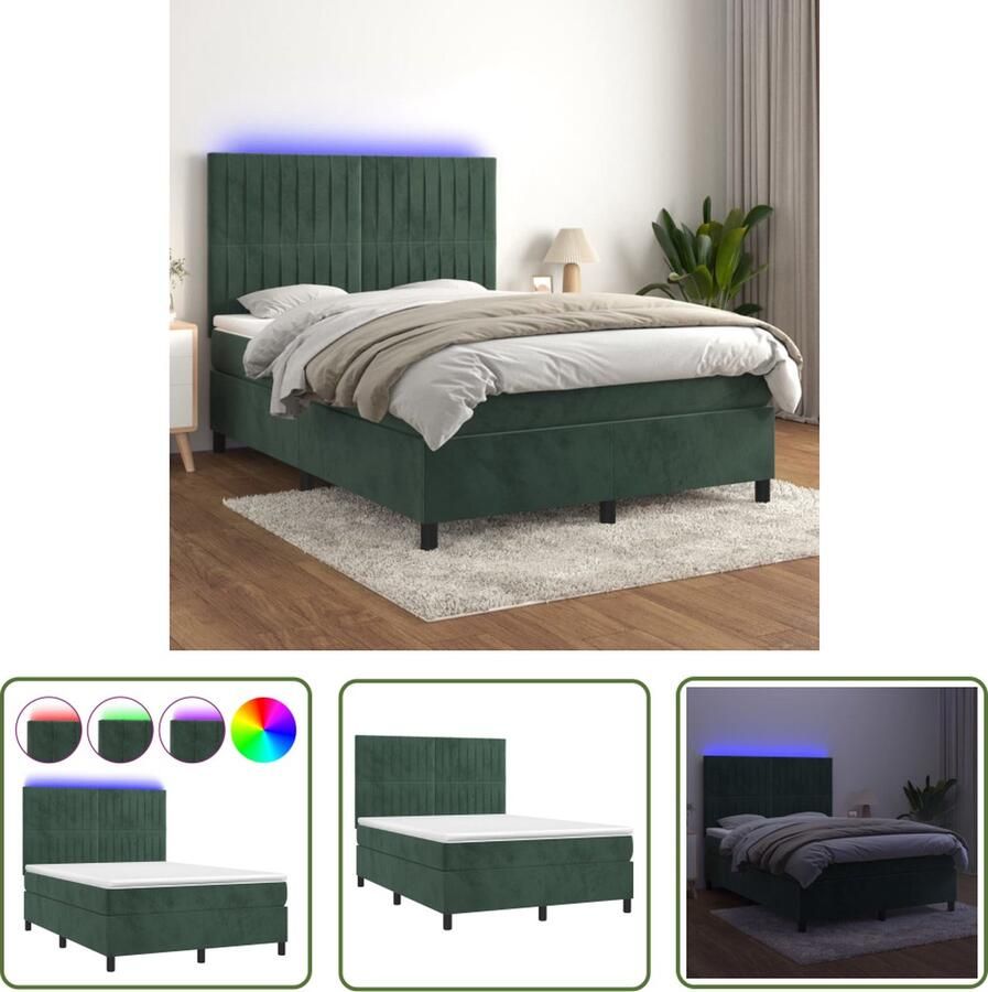 The Living Store Boxspring Donkergroen Fluweel 193x144x118 128 cm Verstelbaar hoofdbord Kleurrijke LED-verlichting Pocketvering matras Huidvriendelijk topmatras Inclusief montagehandleiding
