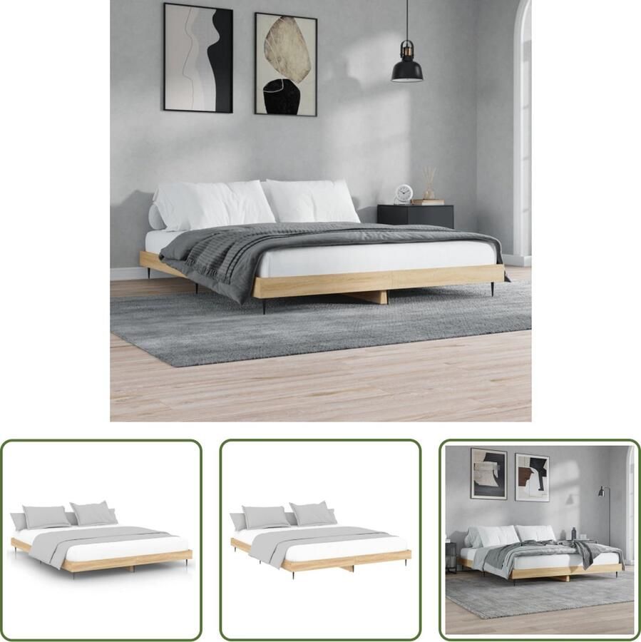 The Living Store Bed frame Sonoma Eiken 203 x 143 x 20 cm Stabiel en duurzaam – Metalen poten – Multiplex lattenbodem – Matras niet inbegrepen Bed Frame Houten Bed Tweepersoons Bed Sonomakleur Bedsteun