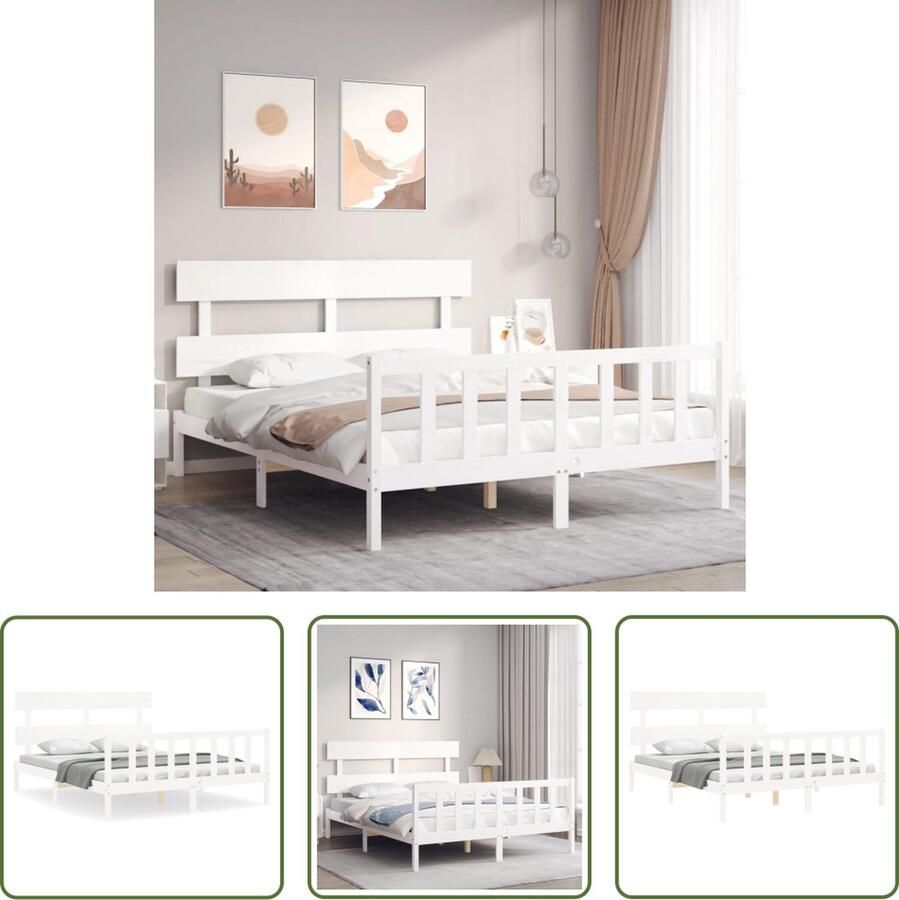 The Living Store Bedframe met hoofdbord massief hout wit 160x200 cm Bedframe Bedframes Bed Tweepersoonsbed Slaapkamermeubel Houten Bedframe Houten Bed Bedbodem Massief Houten Bedframe Ledikant Bedframe Met Hoofdeinde - Foto 4