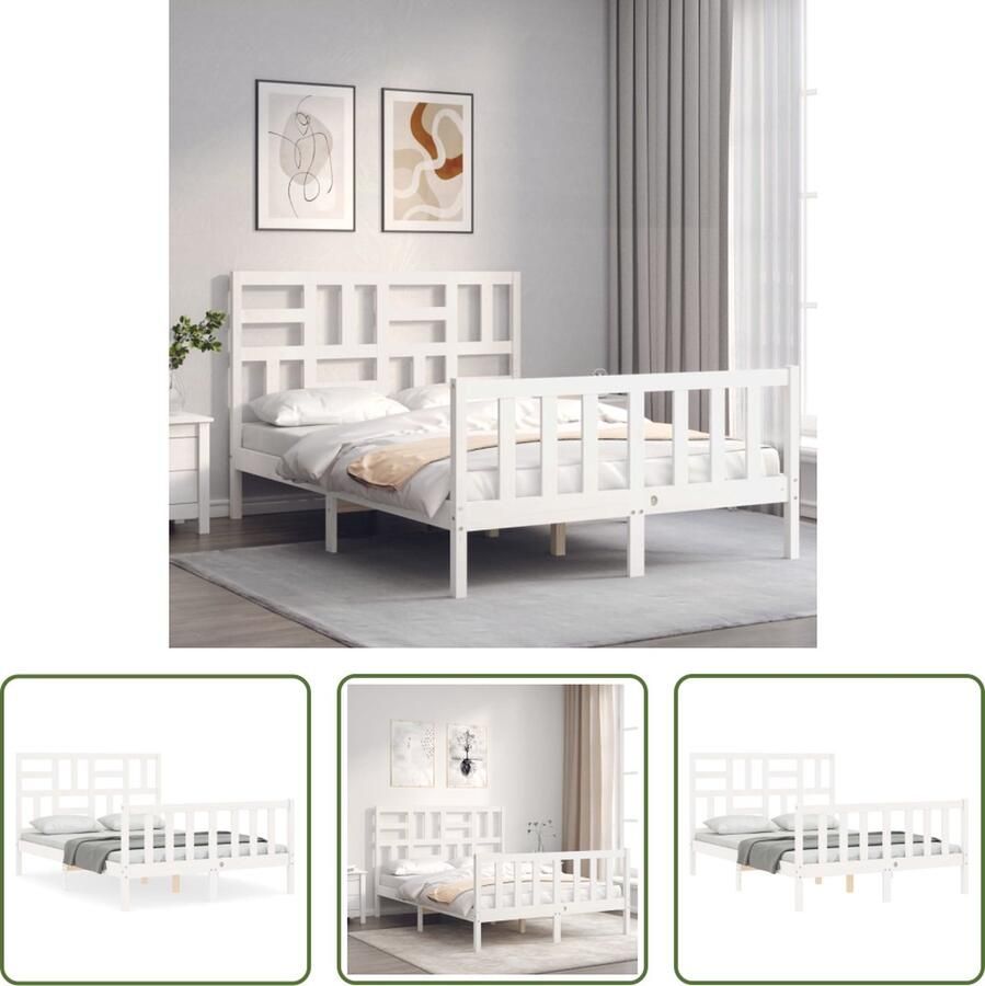 The Living Store Bedframe met hoofdbord massief hout wit 120x200 cm Bedframe Bedframes Bed Tweepersoonsbed Slaapkamermeubel Houten Bedframe Houten Bed Bedbodem Massief Houten Bedframe Ledikant Bedframe Met Hoofdeinde - Foto 2