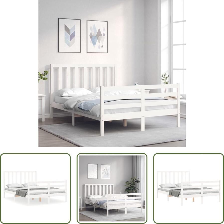 The Living Store Bedframe met hoofdbord massief hout wit 140x200 cm Bedframe Bedframes Bed Tweepersoonsbed Slaapkamermeubel Houten Bedframe Houten Bed Bedbodem Massief Houten Bedframe Ledikant Bedframe Met Hoofdeinde - Foto 3
