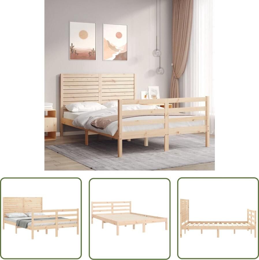 The Living Store Bed Grenenhouten Massief 205.5 x 145.5 x 100 cm Hoofd- en Voeteneinde Matras 140 x 200 cm Montage vereist