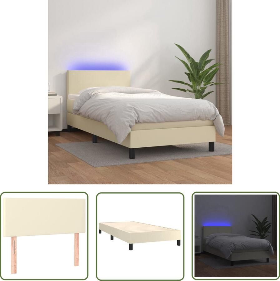 VidaXL The Living Store Boxspring met matras en LED kunstleer crèmekleurig 100x200 cm Boxspring Led Bed Creme Bed Kunstleder Bed Tweepersoonsbed