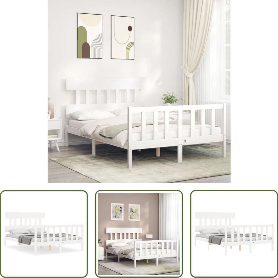 The Living Store Bedframe met hoofdbord massief hout wit 140x200 cm Bedframe Bedframes Bed Tweepersoonsbed Slaapkamermeubel Houten Bedframe Houten Bed Bedbodem Massief Houten Bedframe Ledikant Bedframe Met Hoofdeinde - Foto 4