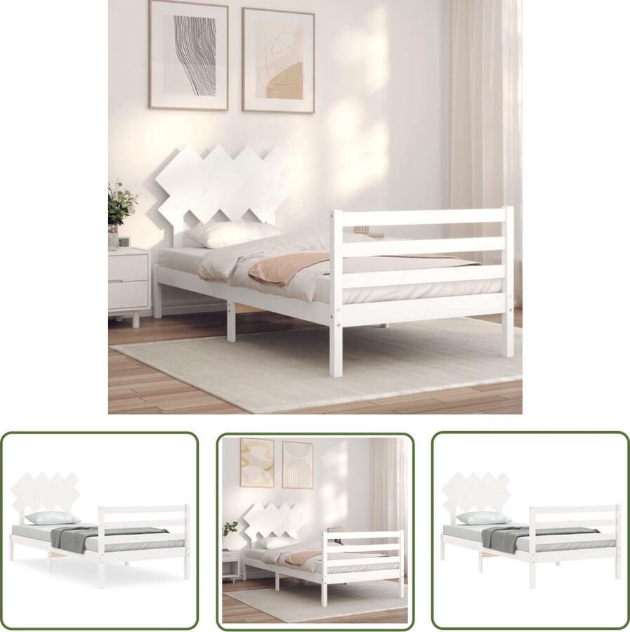 The Living Store Bedframe met hoofdbord massief hout wit 100x200 cm Bedframe Bedframes Bed Eenpersoonsbed Slaapkamermeubel Houten Bedframe Houten Bed Bedbodem Massief Houten Bedframe Ledikant Bedframe Met Hoofdeinde - Foto 3