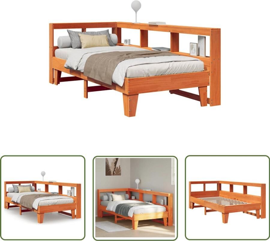 The Living Store Bed met boekenkast zonder matras grenenhout wasbruin 90x200 cm Boekenkast Bed Houten Bed Stapelbed Tweepersoonsbed Kinderbed