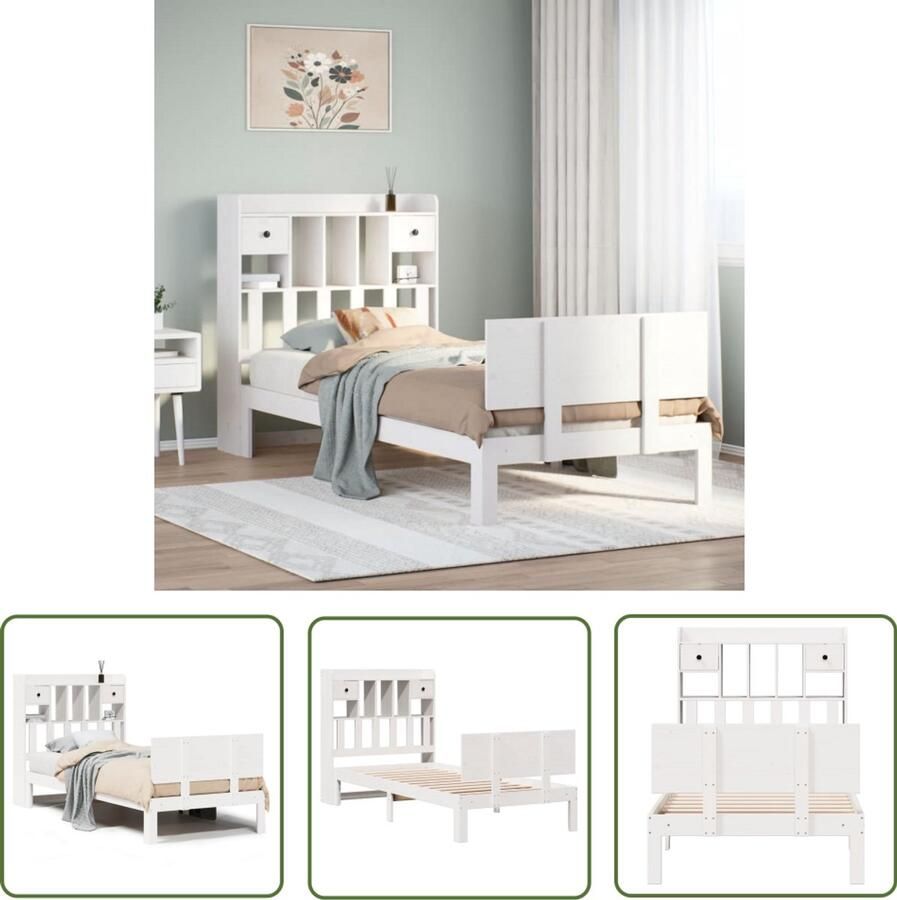 The Living Store Bed met boekenkast zonder matras grenenhout wit 90x190 cm Slaapkamermeubel Houten Bed Boekenkastenbed Tweepersoonsbed Stapelbare Kast