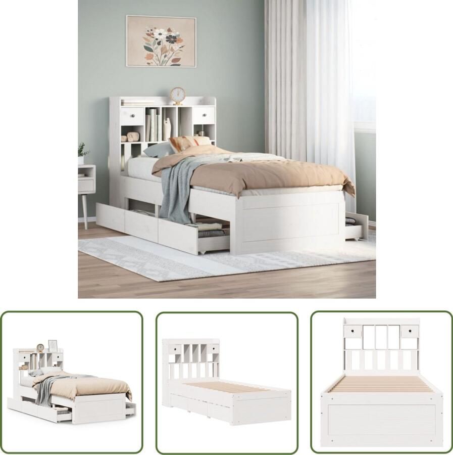 The Living Store Bed met boekenkast zonder matras grenenhout wit 90x190 cm Slaapkamersuite Houten Bed Tweepersoonsbed Stapelbare Laden Bibliotheekbed