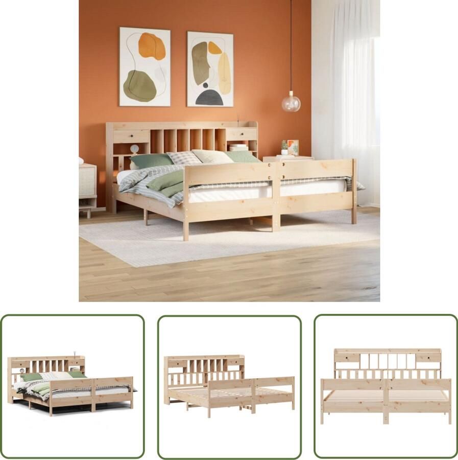 The Living Store Bed met boekenkast zonder matras massief grenenhout 200x200 cm Boekenkastenbed Houten Bed Tweepersoonsbed Stapelbed Bibliotheekbed