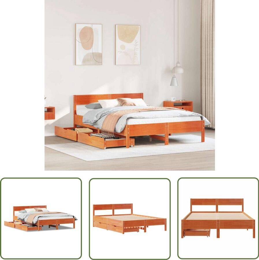 The Living Store Bed met matras massief grenenhout wasbruin 140x190 cm Slaapcomfort Houten Bed Boxspring Bed Tweepersoons Bed Kingsize Bed