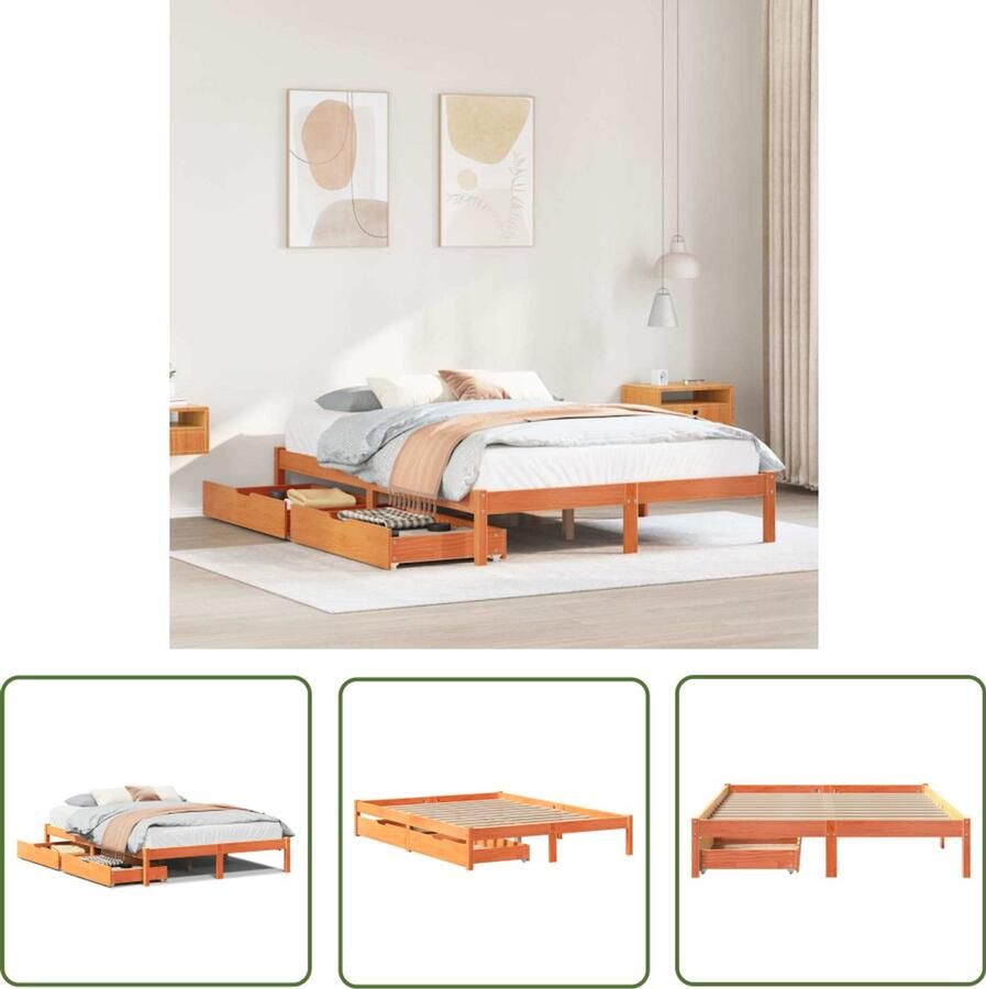 The Living Store Bed met matras massief grenenhout wasbruin 140x190 cm Slaapkamer Meubels Houten Bed Tweepersoons Bed Boxspring Bed Stapelbare Laden
