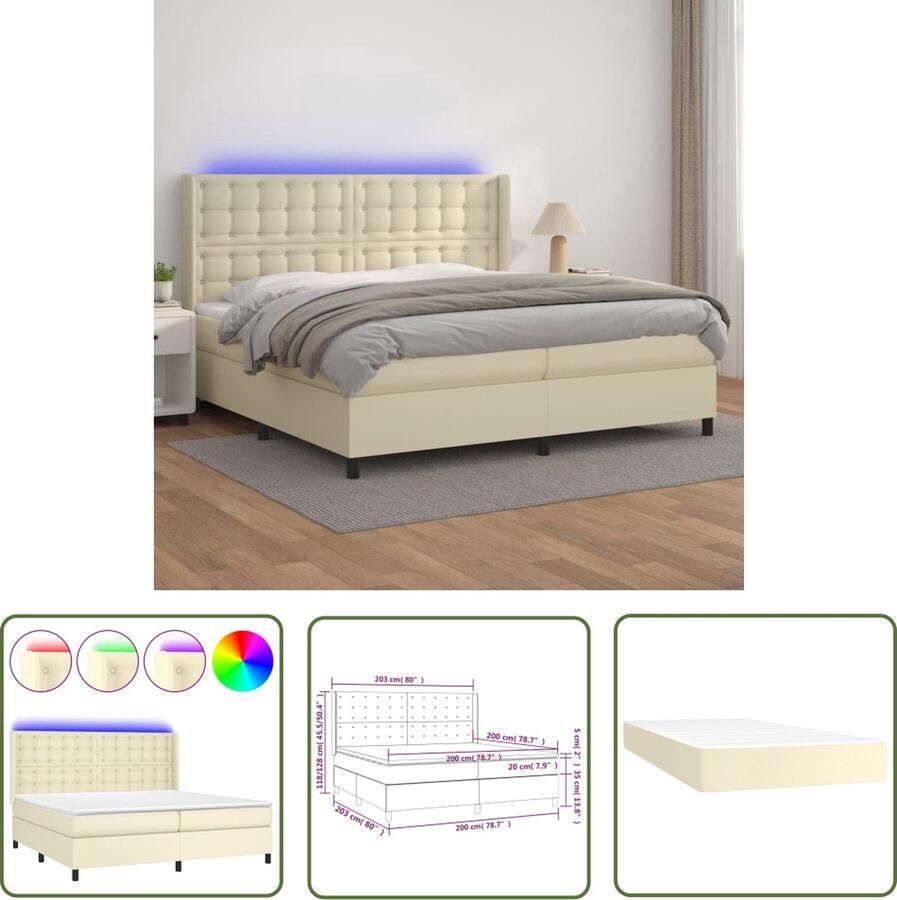 The Living Store Bed Milan Boxspring 203x203 cm Crème Kunstleer Verstelbaar Hoofdbord LED-verlichting Pocketvering Matras Huidvriendelijk Topmatras Incl Montagehandleiding