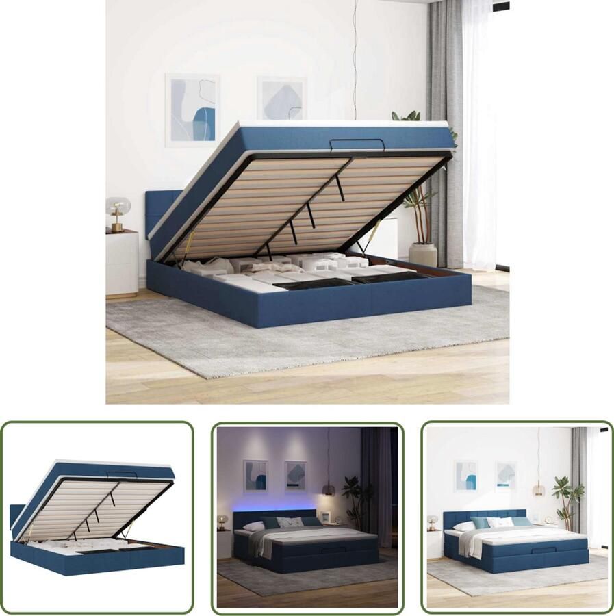 The Living Store Bed poef met matras en LED's 180x200 cm stof blauw Slaapbank Ottoman Bed Boxspring Tweepersoonsbed Led Lamp
