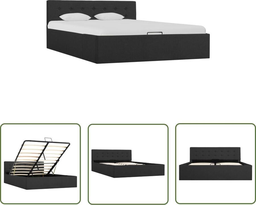 The Living Store Bedframe met hydraulische opslag stof donkergrijs 140x200 cm Hydraulisch Bed Stof Bed Boxspring Alternatief Opbergbed Donkere Kleuren Meubels