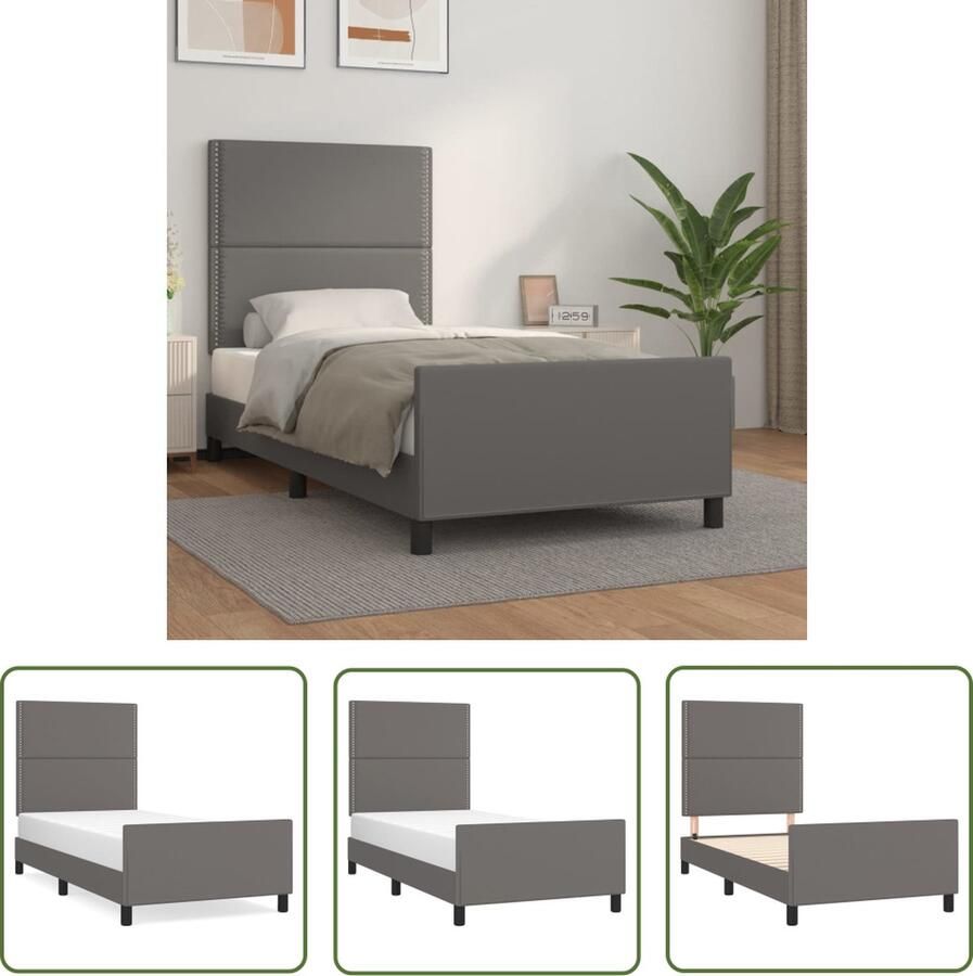 The Living Store Bedframe met hoofdbord kunstleer grijs 100x200 cm Bed Frame Hoofdboard Kunstleder Bed Grijze Bed Tweepersoons Bed - Foto 2