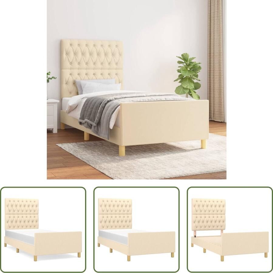 The Living Store Bedframe met hoofdeinde stof crèmekleurig 100x200 cm Bedframe Met Hoofdeinde Bedframes Met Hoofdeindes Bed Slaapmeubel Ledikant Bedbodem Tweepersoonsbed Bedden Slaapmeubels Slaapmeubelen Slaapmeubilair