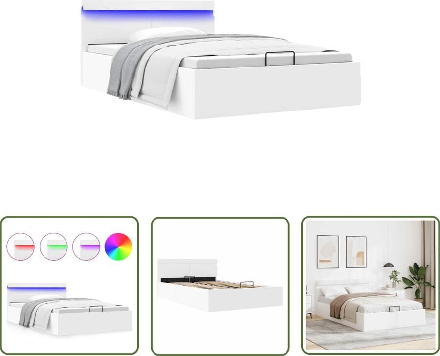 The Living Store Bedframe met opslag hydraulisch LED kunstleer wit 120x200 cm Hydraulisch Bedframe Kunstleder Bed Wit Bed Opbergbed Led Verlichting Bed