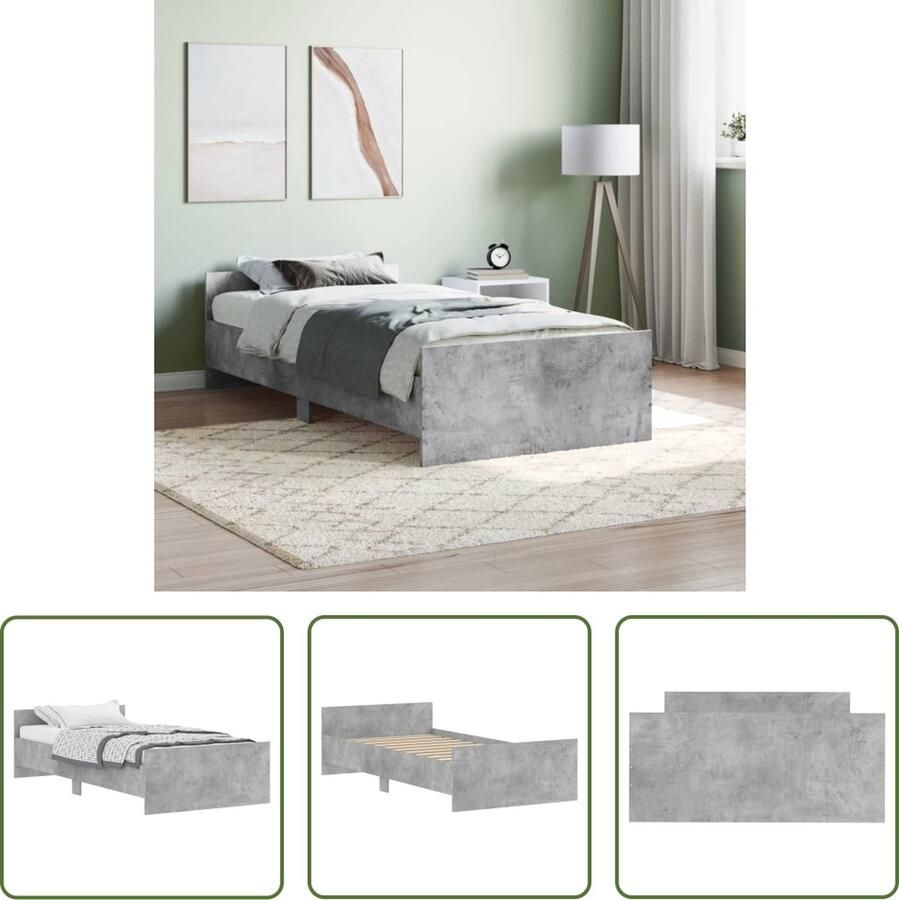 The Living Store Bedframe bewerkt hout betongrijs 100x200 cm Beton Grijs Bed Frame Houten Bed Frame Multiplex Lattenbodem Functionele Hoofdeind Stapelbare Bed Frames - Foto 2