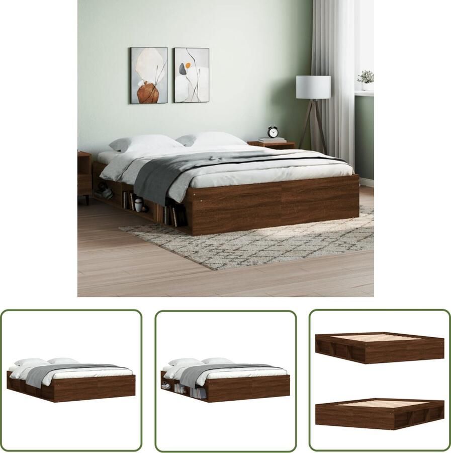 The Living Store Bedframe Modern houten Opslag 193x143cm Bruineiken Modern Bed Frame Houten Bed Bruine Eiken Kleur Tweepersoons Bed Opbergvakken Bed - Foto 2