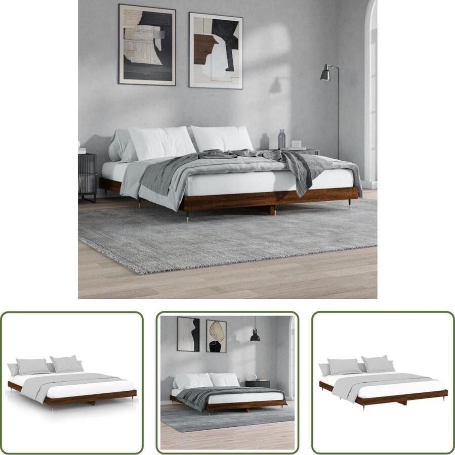 The Living Store Bedframe Bruineiken 203 x 143 x 20 cm Duurzaam hout Metalen poten Multiplex lattenbodem