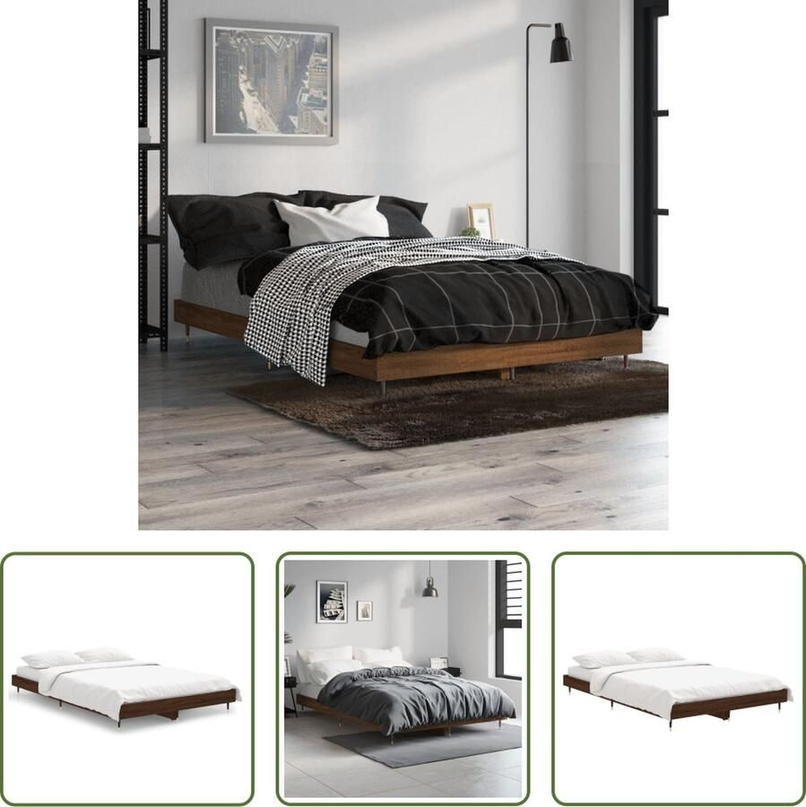 The Living Store Bedframe Bruineiken Afmeting- 193 x 123 x 20 cm Duurzaam bewerkt hout Metalen poten Multiplex lattenbodem Matras niet inbegrepen Montage vereist