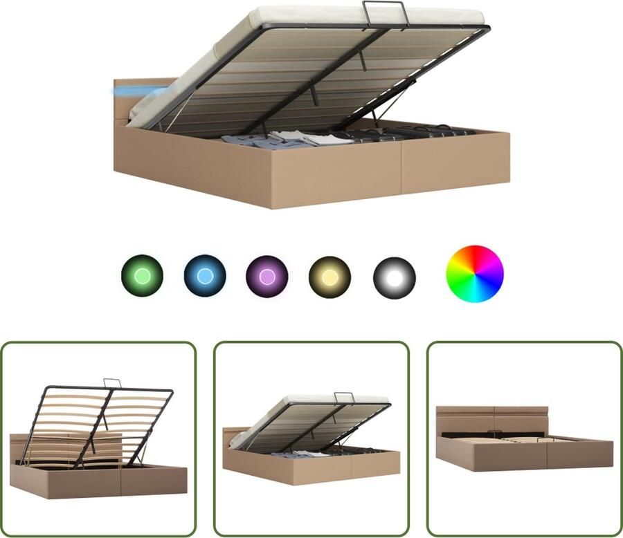 The Living Store Bedframe Cappuccino Hydraulisch Gasveermechanisme Opbergruimte LED-Strip 212x167x73cm Hydraulisch Bedframe Kapstok Art Deco Vintage Meubels Lederlook - Foto 2