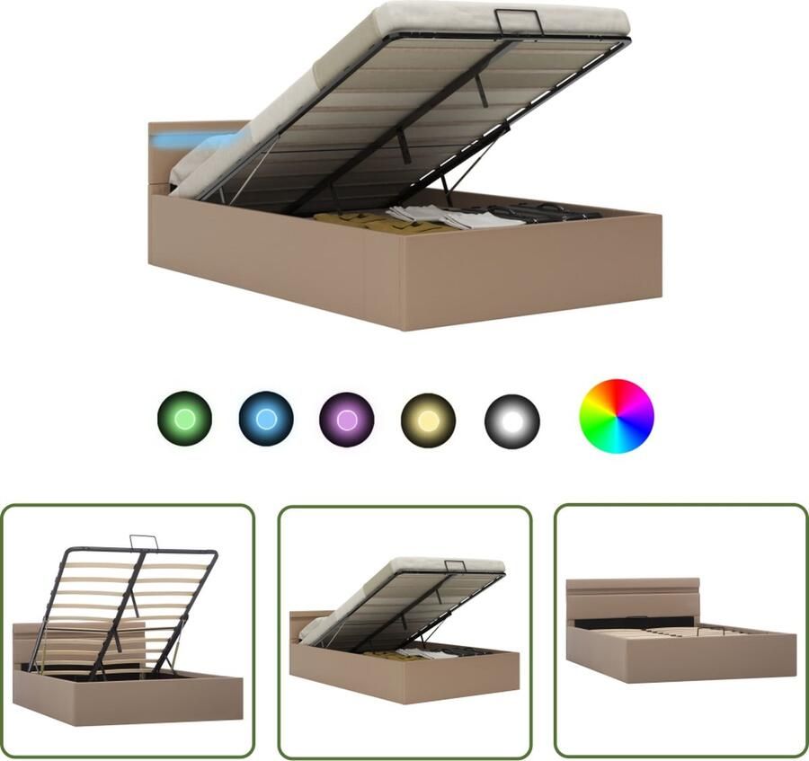 The Living Store Bedframe Cappuccino Hydraulisch Kunstleer 140x200 cm LED-strip Hydraulisch Bedframe Kunstleder Bed Opbergbed Led Bed Capuccino Bed - Foto 2