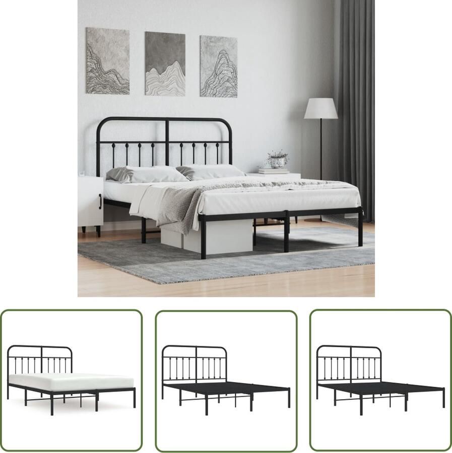 The Living Store Bedframe met hoofdbord metaal zwart 150x200 cm Bed