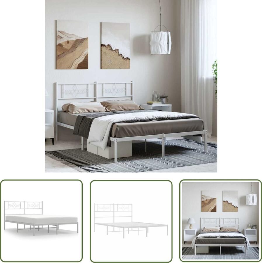 The Living Store Bedframe met hoofdbord metaal wit 135x190 cm Staal Bed Frame Wit Bed Frame Klassiek Bed Frame Bed Frame 135x190 Boxspring Bed Frame