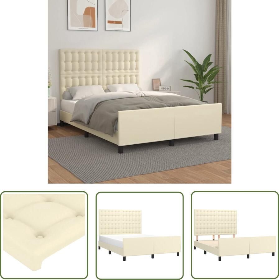 The Living Store Bedframe Crème Kunstleer Verstelbaar hoofdeinde Multiplex lattenbodem Duurzaam materiaal 203x146x118 128 cm