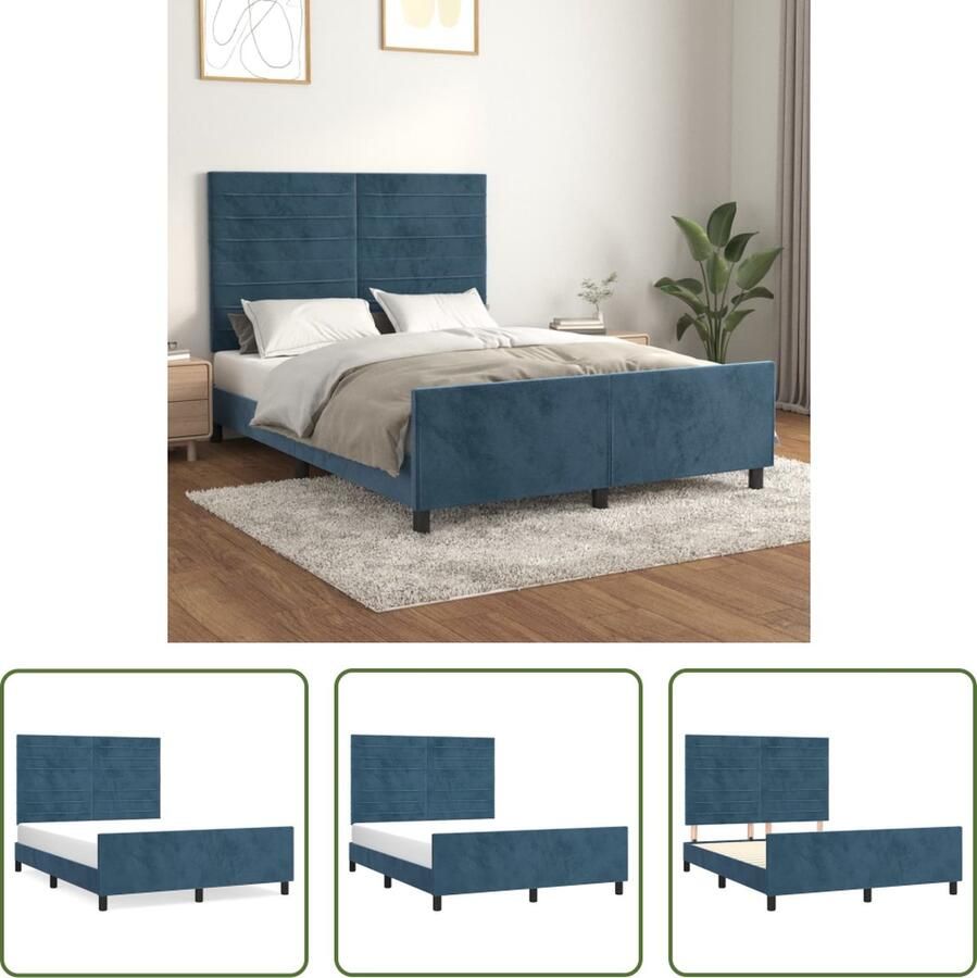 The Living Store Bedframe donkerblauw fluweel 203x146x118 128 cm verstelbaar hoofdbord stabiele poten multiplex lattenbodem Bedframe Donkere Kleur Velvet Bed Tweepersoons Bed Stapelbed