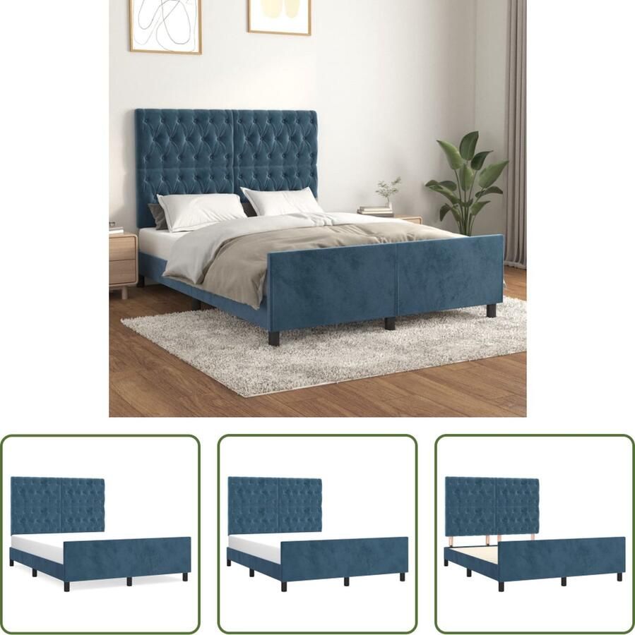 The Living Store Bedframe Donkerblauw Fluweel 203x146x118 128 cm Verstelbaar Verstevigde poten Multiplex lattenbodem Comfortabele ondersteuning Bedframe Donkere Kleuren Velvet Bed Tweepersoons Bed Boxspring Bed