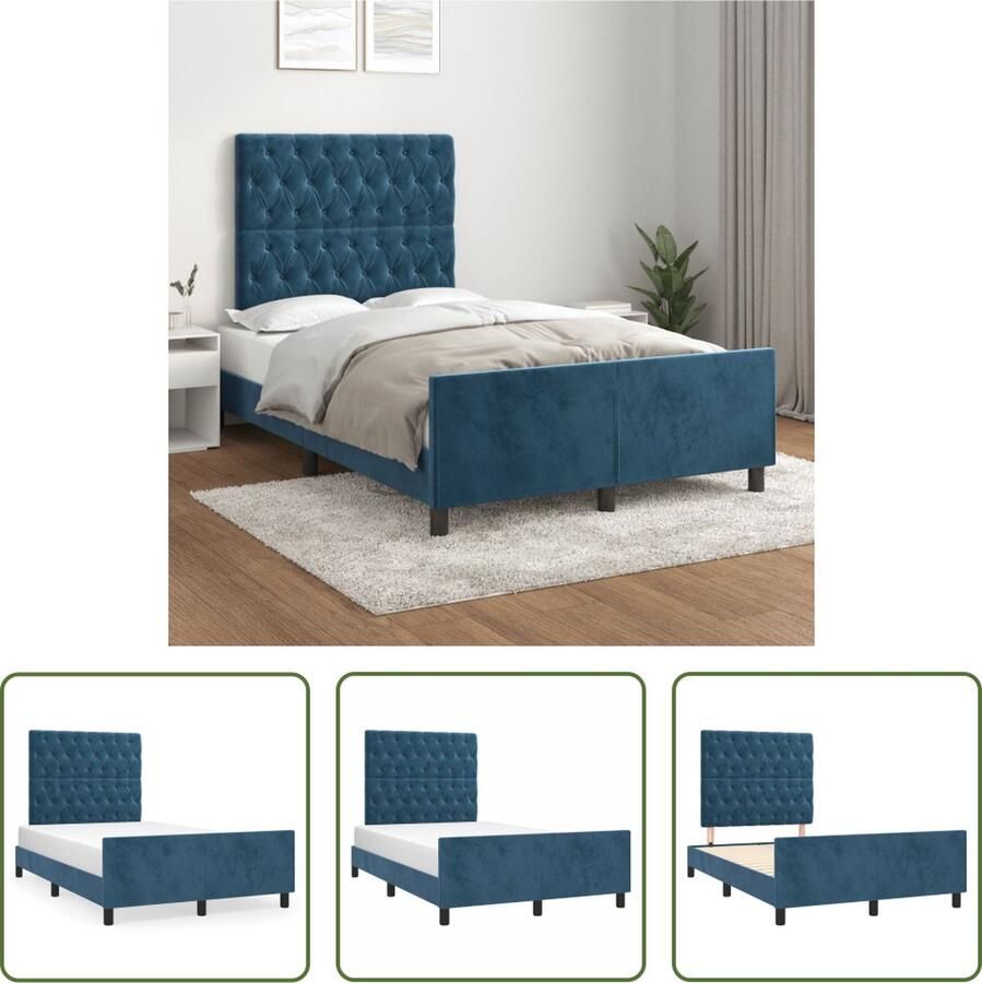 The Living Store Bedframe Donkerblauw Fluwelen Stof Verstelbare Hoogte Multiplex Lattenbodem Comfortabele Ondersteuning 203x126x118 128 cm
