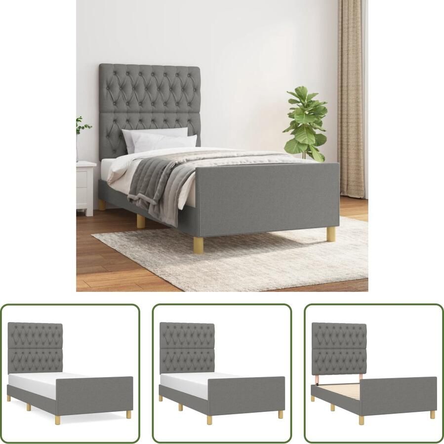 The Living Store Bedframe met hoofdeinde stof donkergrijs 100x200 cm Bedframe Met Hoofdeinde Bedframes Met Hoofdeindes Bed Slaapmeubel Ledikant Bedbodem Tweepersoonsbed Bedden Slaapmeubels Slaapmeubelen Slaapmeubilair - Foto 2