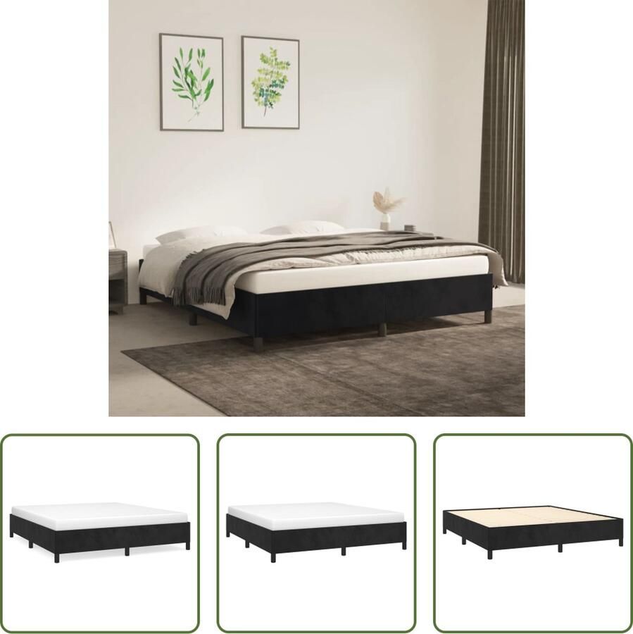 The Living Store Bedframe Fluweel Ondersteunende poten Multiplex lattenbodem Zwart 203x163x35 cm Geschikte matras- 160x200 cm Fluweel Bedframe Tweepersoons Bed Boxspring Bed Zware Houten Poten Multipex Lattenbodem