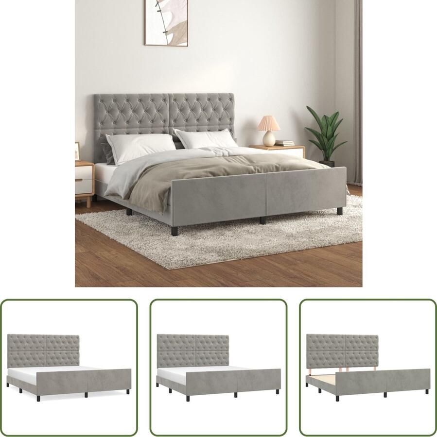 The Living Store Bedframe Fluweel Verstelbare hoogte Ondersteunende poten Multiplex lattenbodem Comfortabele ondersteuning Lichtgrijs 203x166x118 128 cm Bedframe Tweepersoonsbed Boxspring Fluweel Bed Grijs Bed