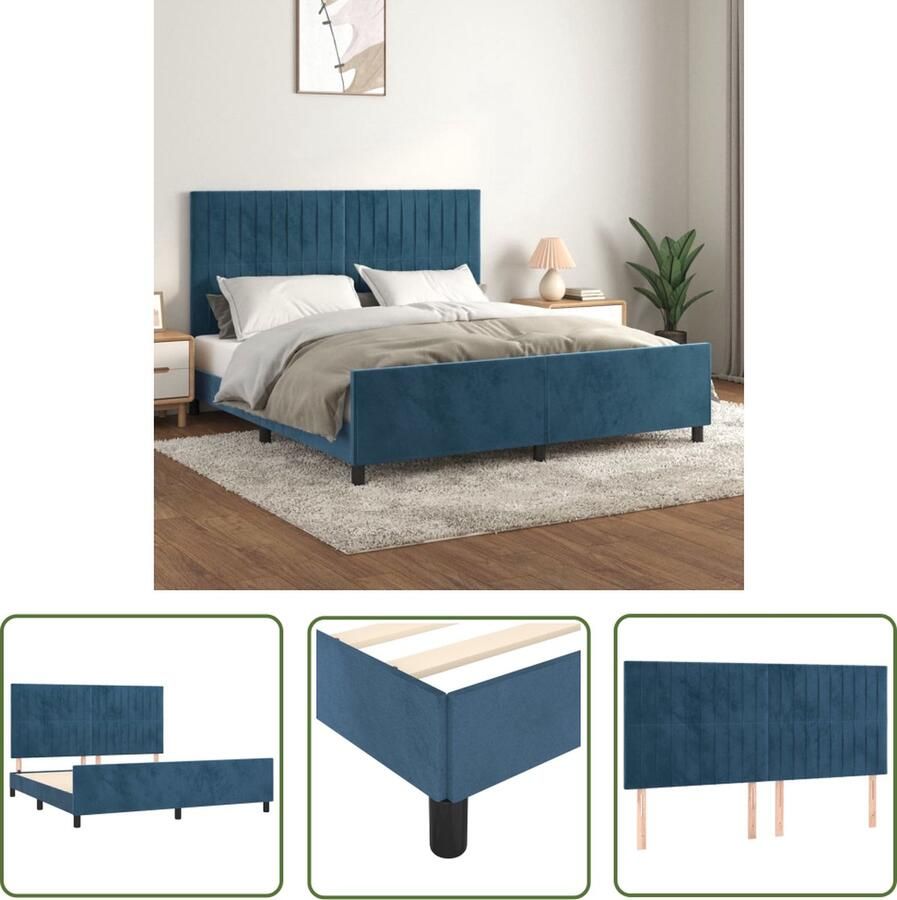 The Living Store Bedframe Fluweel Verstelbare Hoogte Ondersteunende Poten Multiplex Lattenbodem Comfortabele Ondersteuning Donkerblauw 203 x 166 x 118 128 cm Geschikt voor 160 x 200 cm matras