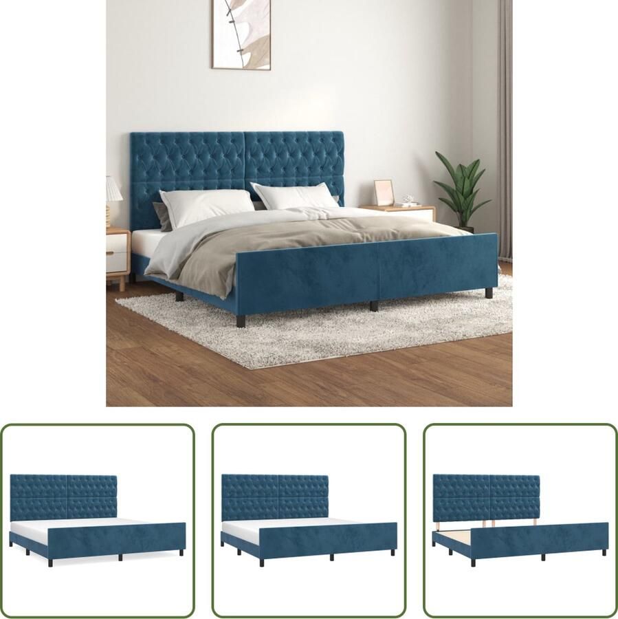 The Living Store Bedframe Fluwelen Hoofdeinde Verstelbare Hoogte Ondersteunende Poten Multiplex Lattenbodem Comfortabele Ondersteuning Donkerblauw 203 x 206 x 118 128 cm