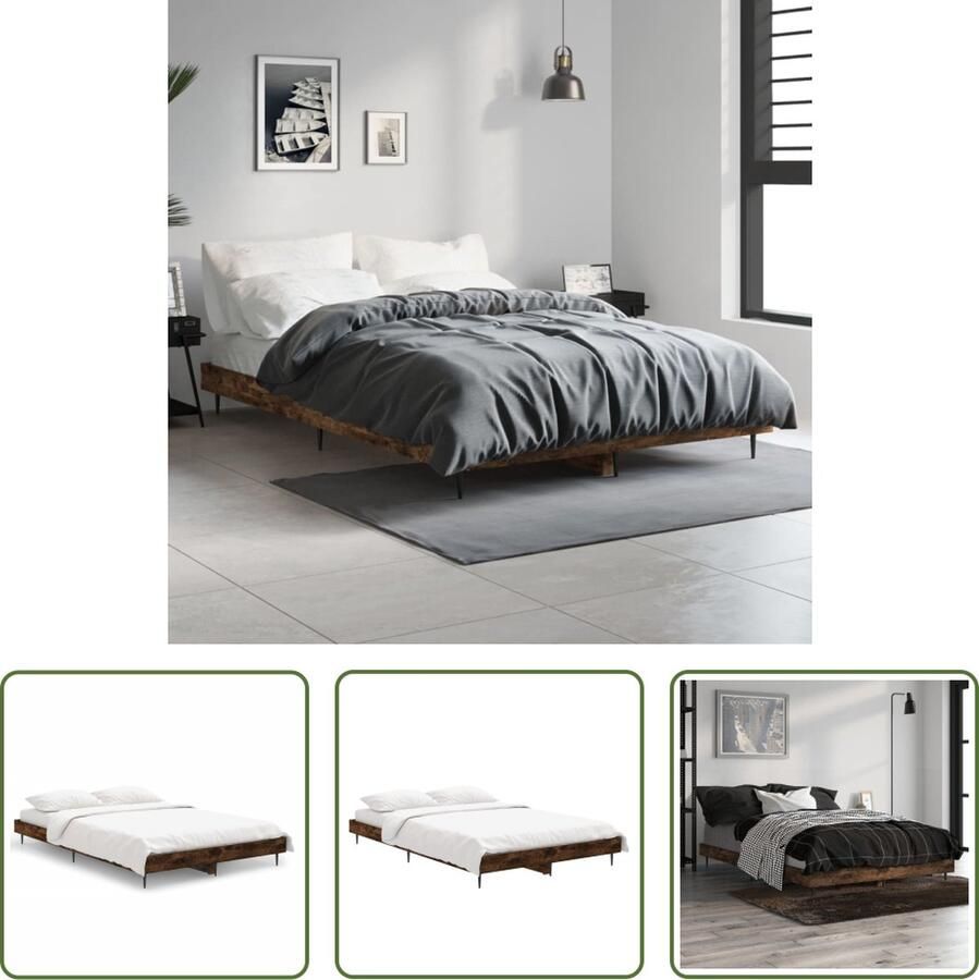 The Living Store Bedframe Gerookt eiken 193 x 123 x 20 cm Metalen poten Multiplex lattenbodem Matras niet inbegrepen Bed Frame Houten Bed Bruine Bed Tweepersoons Bed King Size Bed