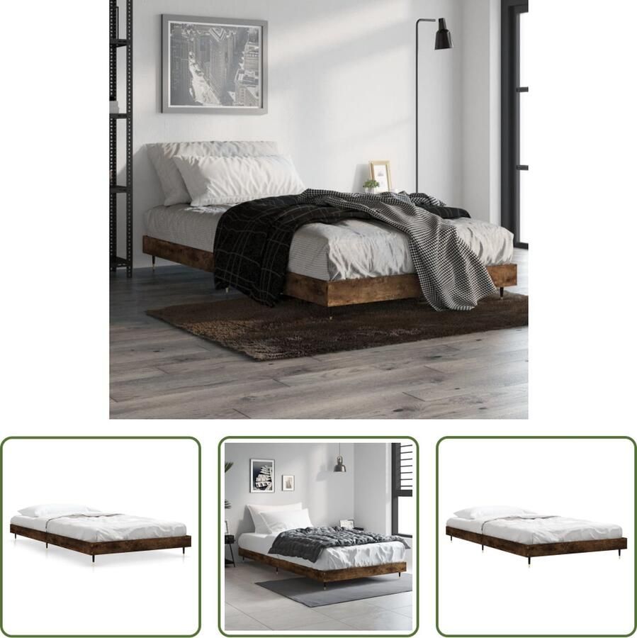 The Living Store Bedframe Gerookt eiken Multiplex lattenbodem 203 x 103 x 20 cm Duurzaam materiaal Metalen poten Bedframe Houten Bedframe Tweepersoons Bed Bruine Bed Gerookte Eiken Kleur