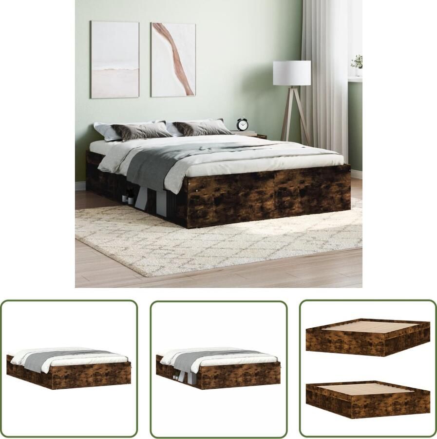 The Living Store Bedframe Gerookt eiken Hout Multiplex lattenbodem 193 x 138 x 35 cm (LxBxH) Geen matras Modern Bedframe Houten Bed Bruine Bedbank Tweepersoons Bed Boxspring Bed - Foto 2