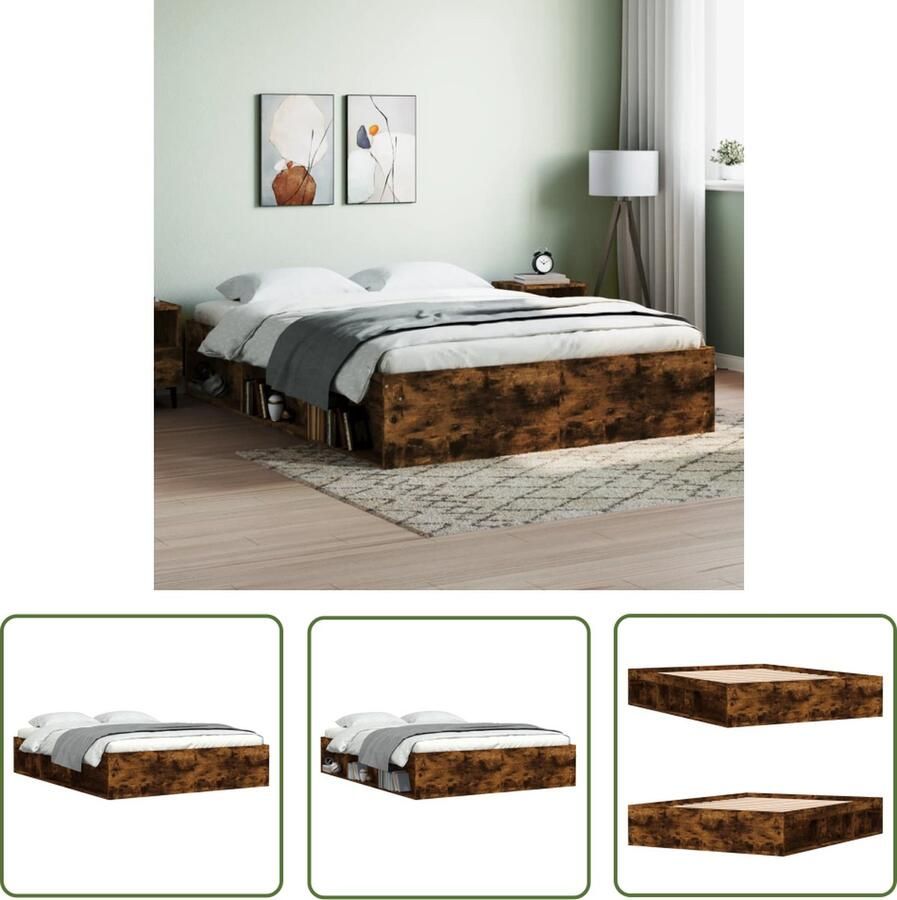 The Living Store Bed V4 Houten Bedframe 193 x 143 x 35 cm Gerookt Eiken Houten Bedframe Modern Bed Tweepersoons Bed Bruine Bed Met Lade - Foto 2