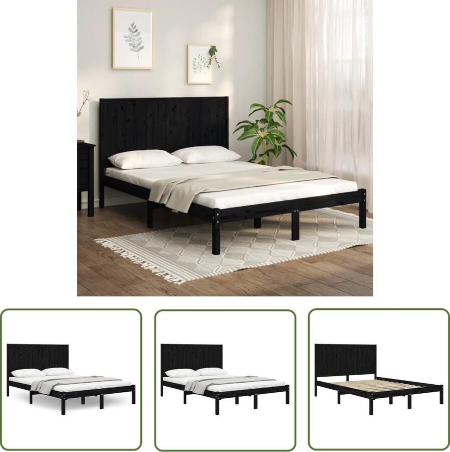 The Living Store Bedframe massief grenenhout zwart 140x200 cm Bedframe Bedframes Bed Bedbodem Ledikant Bed Frame Massief Houten Bedframe Slaapmeubel Tweepersoonsbed Bedden Bedbodems - Foto 4