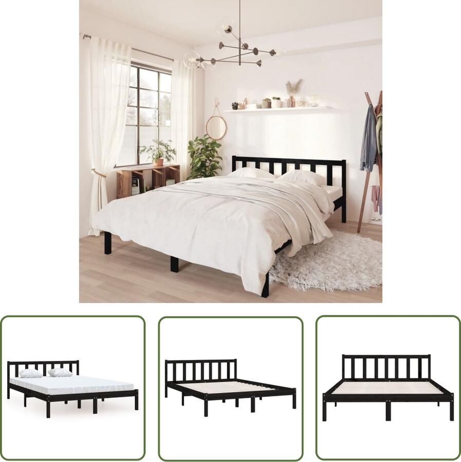 The Living Store Bedframe Grenenhout 195.5 x 125.5 x 69.5 cm Zwart Geschikt voor 120 x 190 cm Matras Montage vereist