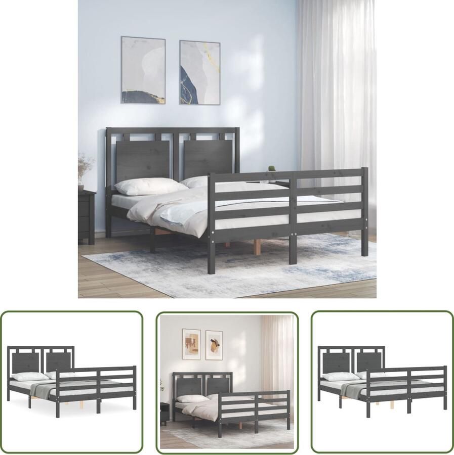 The Living Store Bedframe met hoofdbord massief hout grijs 140x190 cm Bedframe Bedframes Bed Tweepersoonsbed Slaapkamermeubel Houten Bedframe Houten Bed Bedbodem Massief Houten Bedframe Ledikant Bedframe Met Hoofdeinde - Foto 6