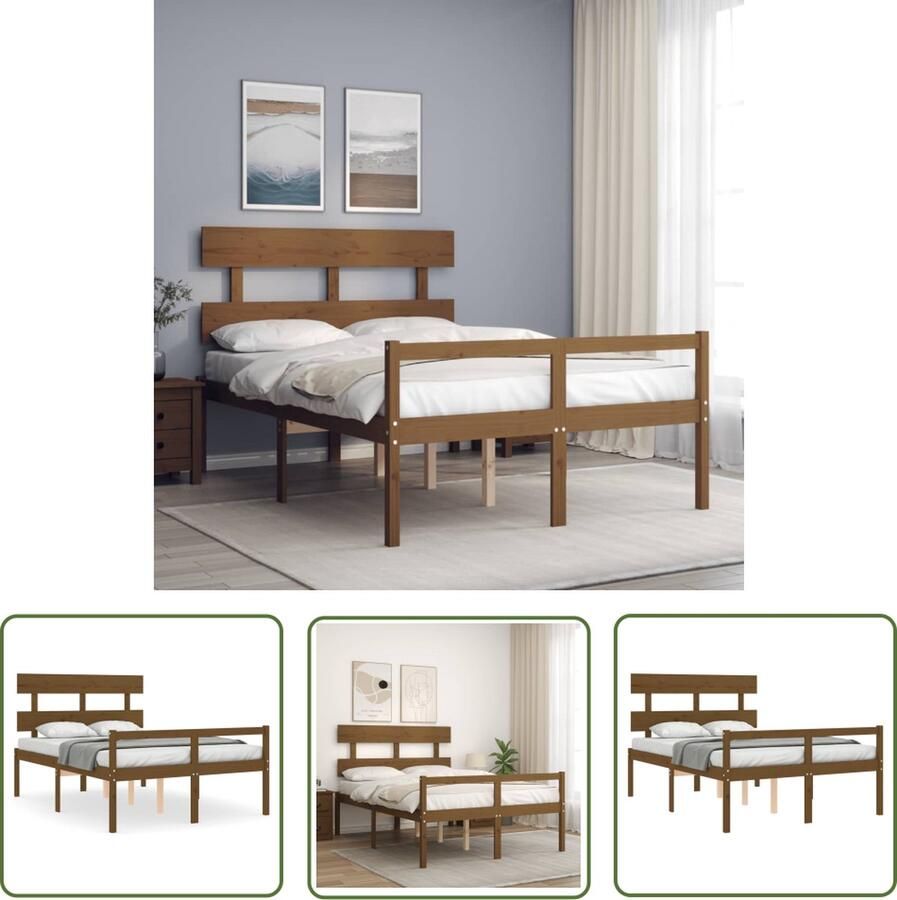 The Living Store Bedframe met hoofdbord massief hout honingbruin 4FT6 Double Bedframe Bedframes Bed Tweepersoonsbed Slaapkamermeubel Houten Bedframe Houten Bed Bedbodem Massief Houten Bedframe Ledikant Bedframe Met Hoofdeinde - Foto 3