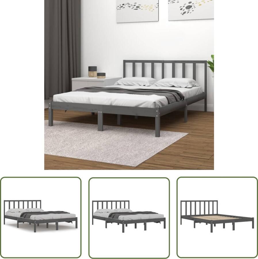 The Living Store Bedframe massief grenenhout grijs 150x200 cm 5FT King Size Bedframe Bedframes Bed Bedbodem Ledikant Bed Frame Massief Houten Bedframe Slaapmeubel Tweepersoonsbed Bedden Bedbodems - Foto 2