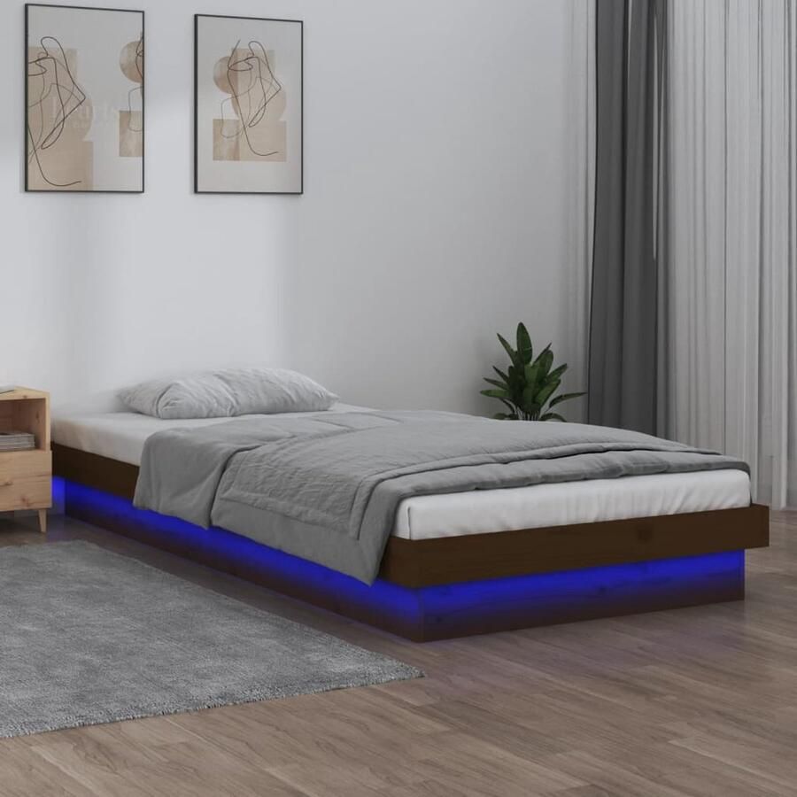 The Living Store Bedframe Grenenhout LED-verlichting Afstandsbediening Honingbruin 194 x 78.5 x 21 cm - Foto 2