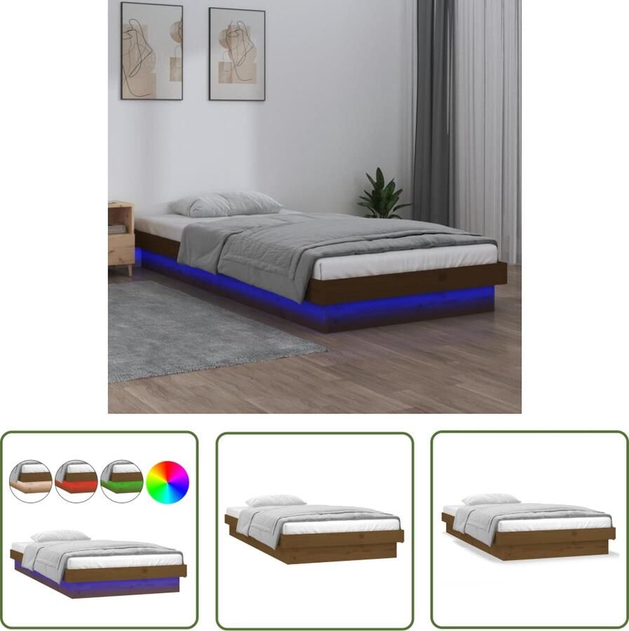 The Living Store Bedframe Grenenhout LED-verlichting Afstandsbediening Honingbruin 194 x 78.5 x 21 cm