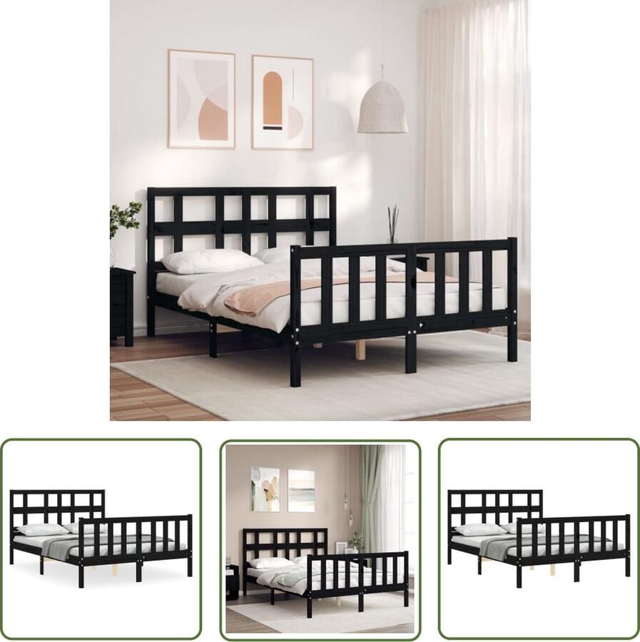 The Living Store Bedframe met hoofdbord massief hout zwart 140x200 cm Bedframe Bedframes Bed Tweepersoonsbed Slaapkamermeubel Houten Bedframe Houten Bed Bedbodem Massief Houten Bedframe Ledikant Bedframe Met Hoofdeinde - Foto 3